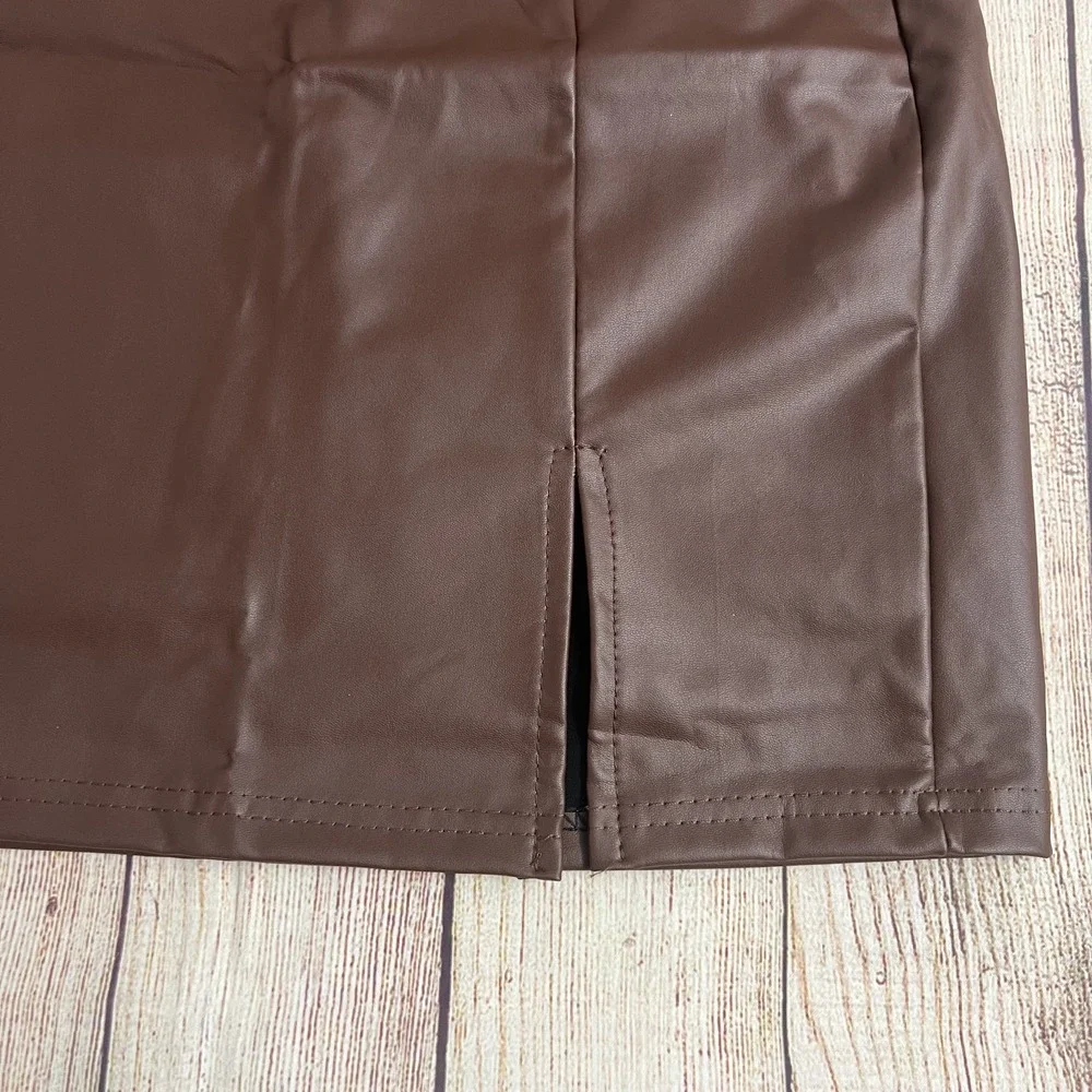 Sexy Brown Faux Leather Mini Skirt Side Thigh Slit High Waist Bodycon Size Small